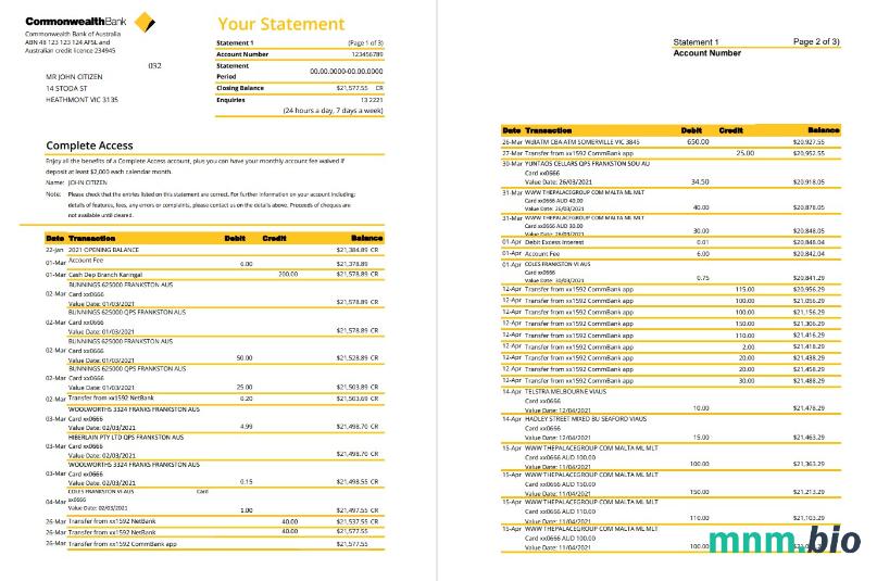 Australia Commonwealth konto statement szablon Worda i PDF, 2 stronas